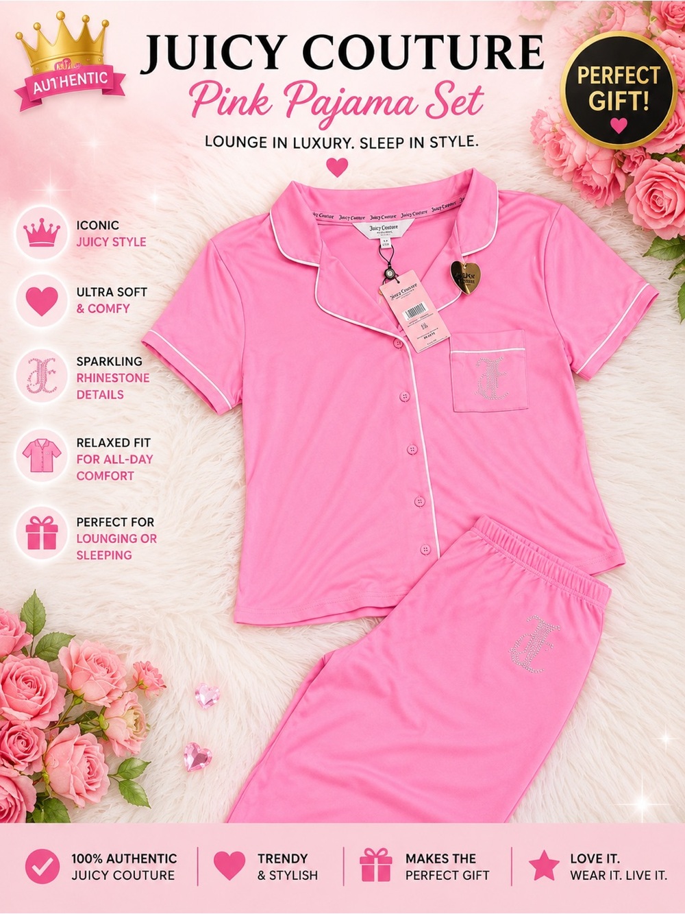 Juicy Couture Pink Short-Sleeve Pajama Set Rhinestone matching Juicy Purse NWT